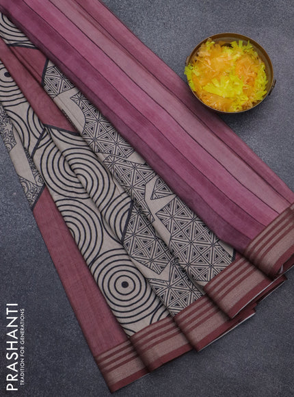 Semi tussar saree beige and maroon shade with allover geometric prints and zari woven border