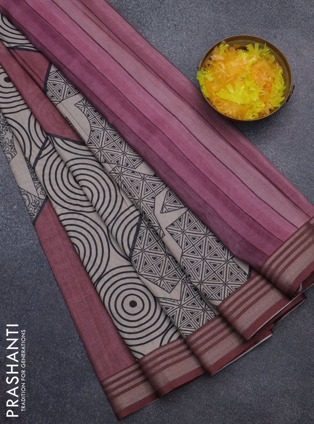 Semi tussar saree beige and maroon shade with allover geometric prints and zari woven border
