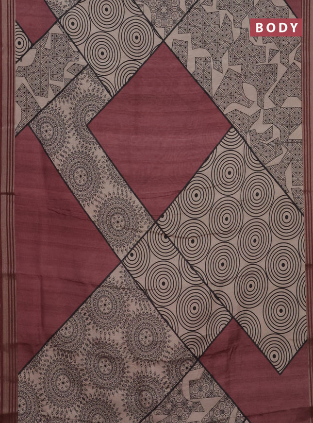 Semi tussar saree beige and maroon shade with allover geometric prints and zari woven border