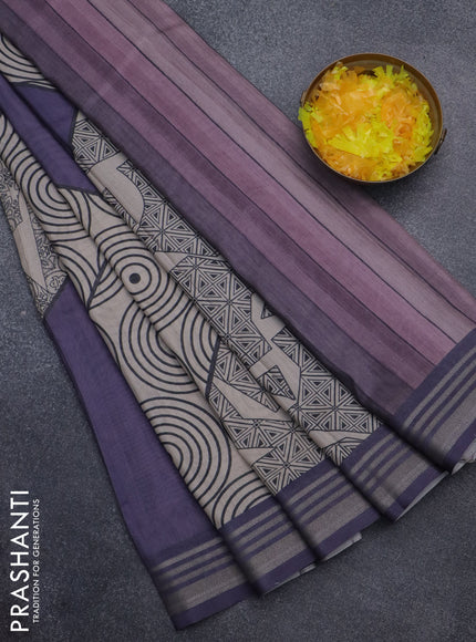Semi tussar saree beige and jamun shade with allover geometric prints and zari woven border