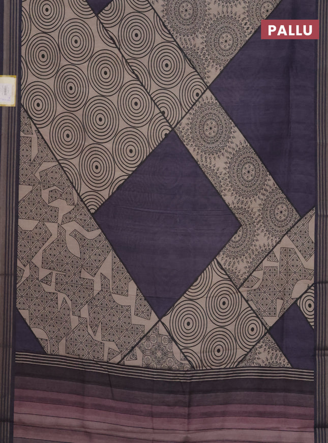 Semi tussar saree beige and jamun shade with allover geometric prints and zari woven border