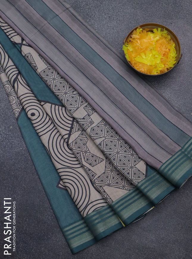 Semi tussar saree beige and teal green with allover geometric prints and zari woven border