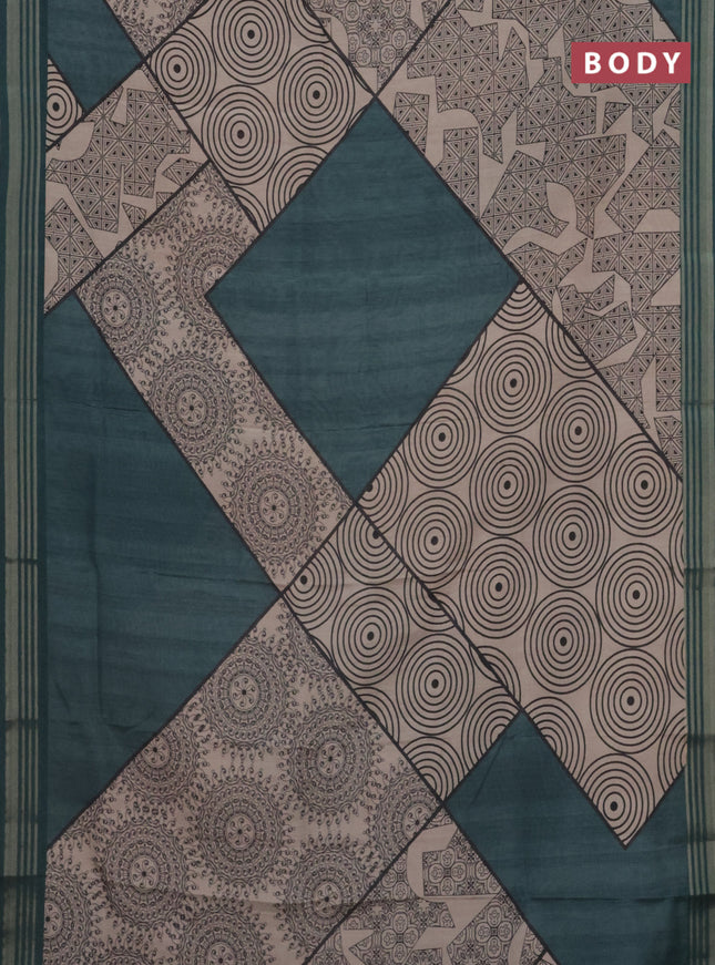Semi tussar saree beige and teal green with allover geometric prints and zari woven border
