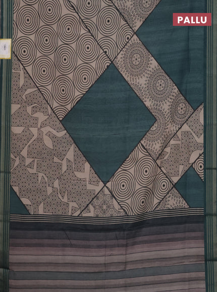 Semi tussar saree beige and teal green with allover geometric prints and zari woven border