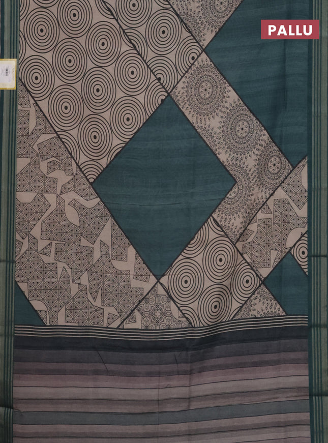 Semi tussar saree beige and teal green with allover geometric prints and zari woven border