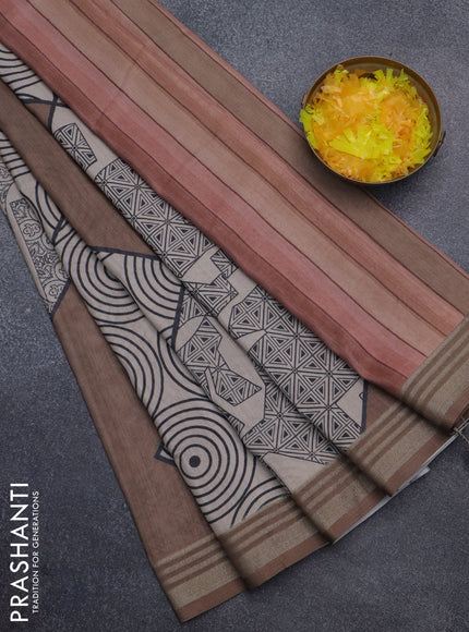 Semi tussar saree beige and brown with allover geometric prints and zari woven border