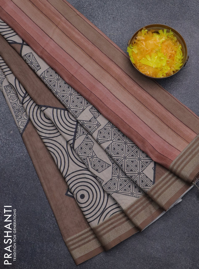 Semi tussar saree beige and brown with allover geometric prints and zari woven border