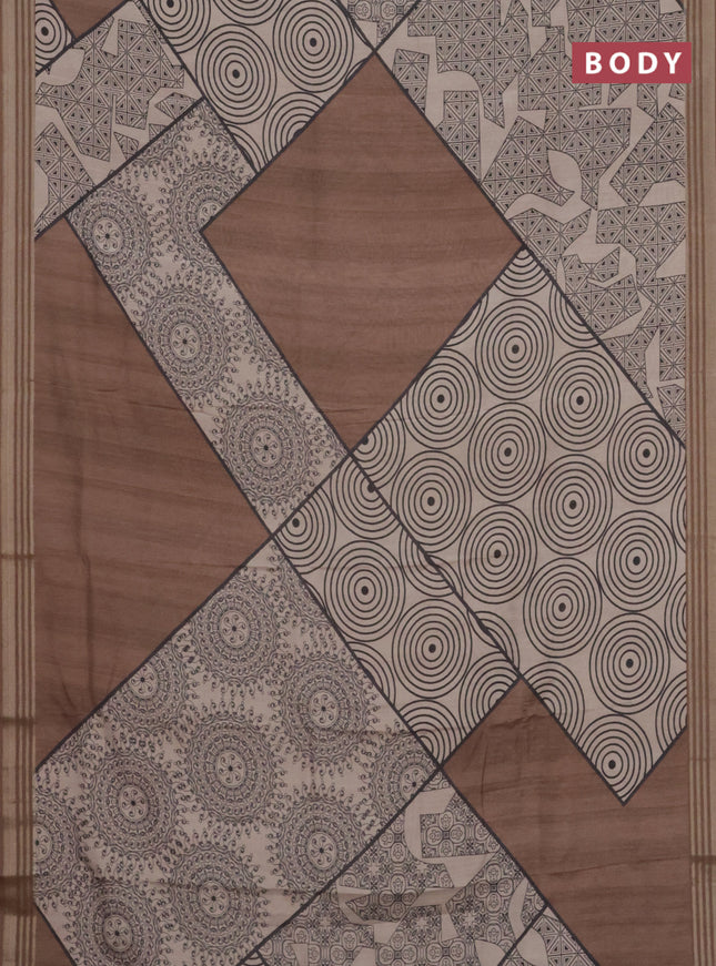 Semi tussar saree beige and brown with allover geometric prints and zari woven border