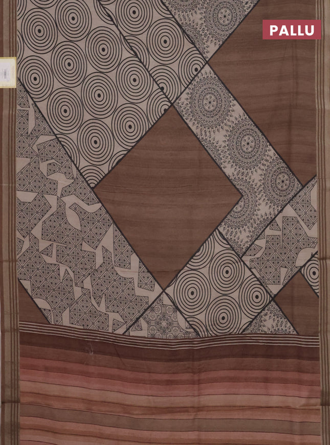 Semi tussar saree beige and brown with allover geometric prints and zari woven border