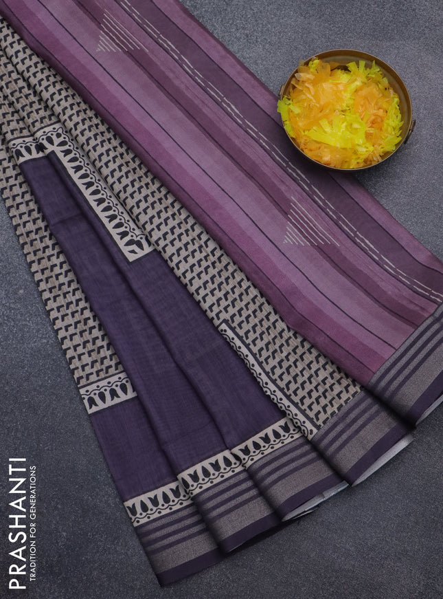 Semi tussar saree jamun shade with allover prints and zari woven border