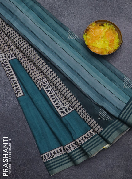 Semi tussar saree peacock green with allover prints and zari woven border