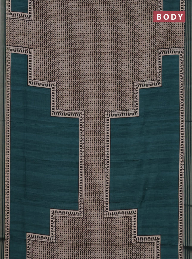 Semi tussar saree peacock green with allover prints and zari woven border