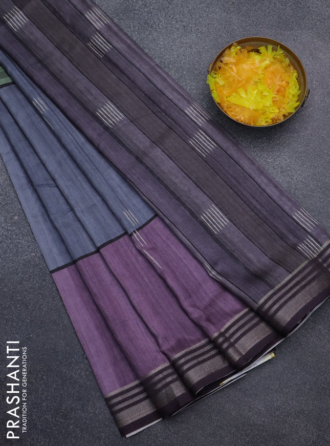 Semi tussar saree grey purple and jamun shade with allover prints and zari woven border