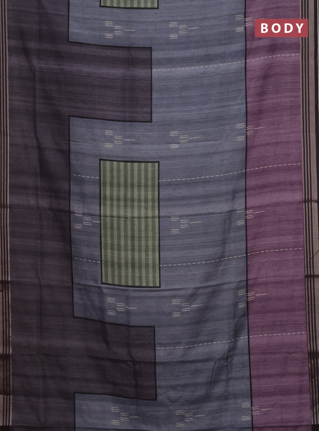 Semi tussar saree grey purple and jamun shade with allover prints and zari woven border