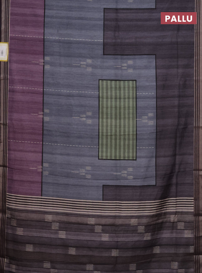 Semi tussar saree grey purple and jamun shade with allover prints and zari woven border