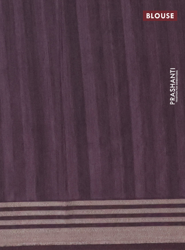 Semi tussar saree grey purple and jamun shade with allover prints and zari woven border