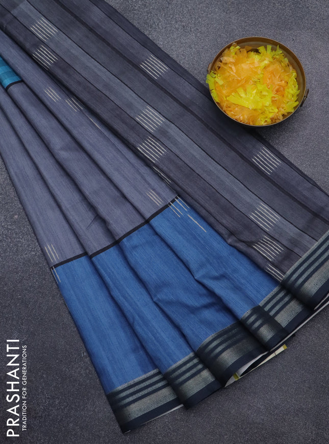 Semi tussar saree grey cs blue and dark blue with allover prints and zari woven border