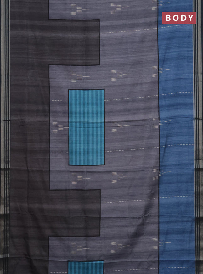 Semi tussar saree grey cs blue and dark blue with allover prints and zari woven border
