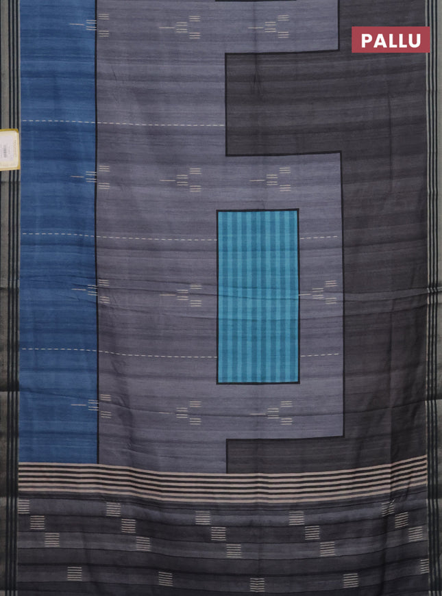 Semi tussar saree grey cs blue and dark blue with allover prints and zari woven border