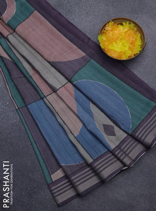 Semi tussar saree multicolour and jamun shade with allover prints and zari woven border