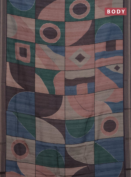 Semi tussar saree multicolour and jamun shade with allover prints and zari woven border