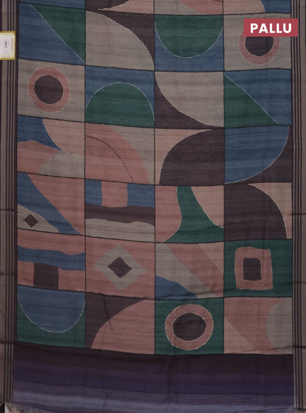 Semi tussar saree multicolour and jamun shade with allover prints and zari woven border