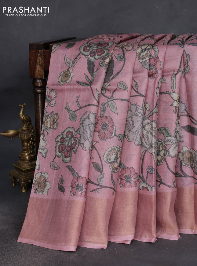 Pure tussar silk saree pastel pink with allover floral digital prints and zari woven border