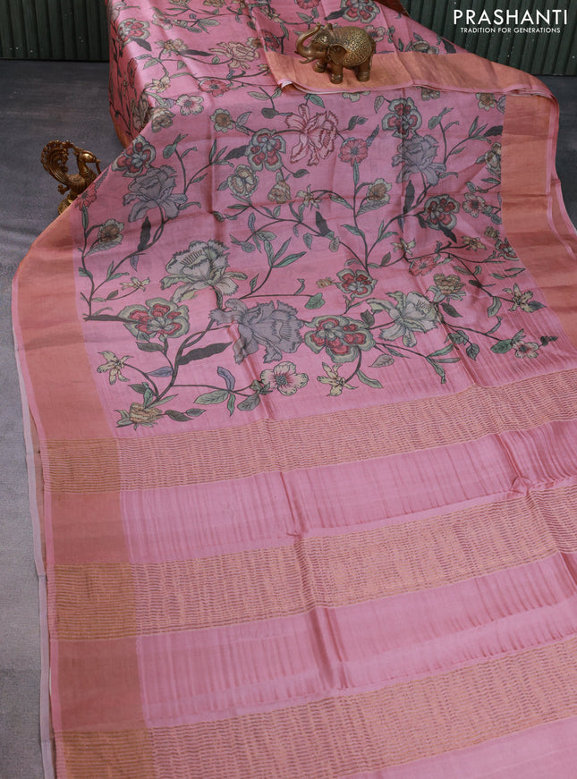 Pure tussar silk saree pastel pink with allover floral digital prints and zari woven border