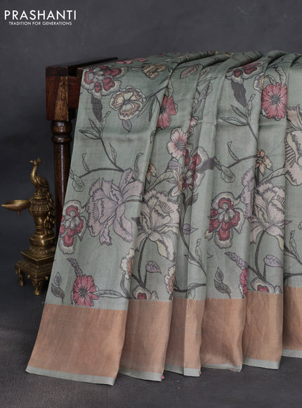 Pure tussar silk saree pastel green with allover floral digital prints and zari woven border