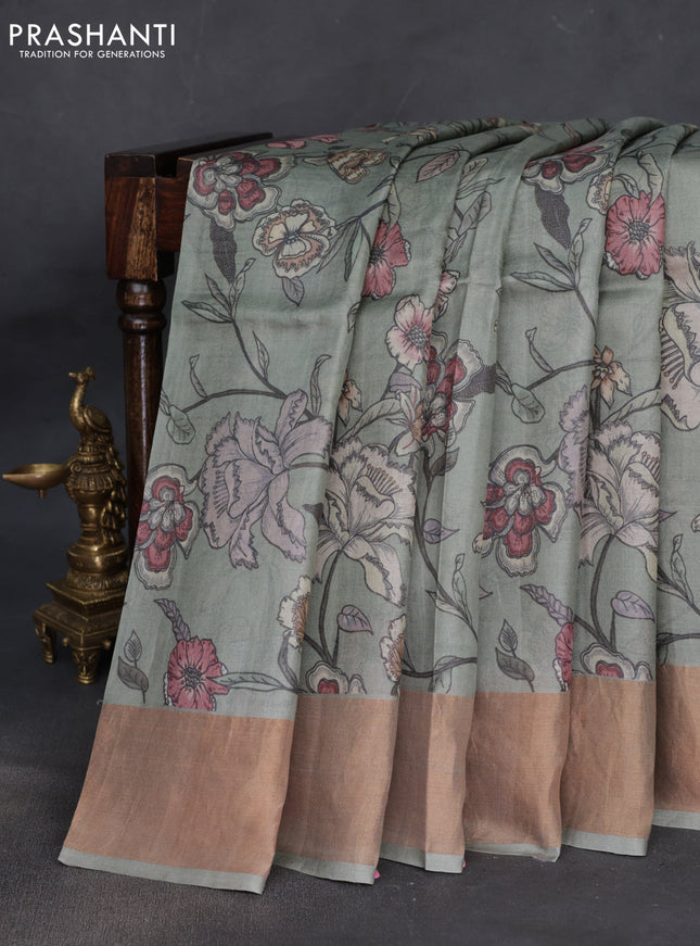 Pure tussar silk saree pastel green with allover floral digital prints and zari woven border