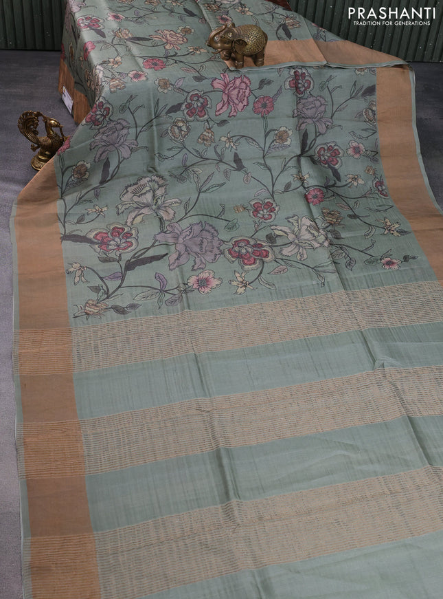 Pure tussar silk saree pastel green with allover floral digital prints and zari woven border
