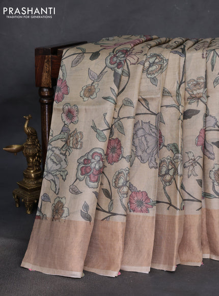 Pure tussar silk saree beige with allover floral digital prints and zari woven border