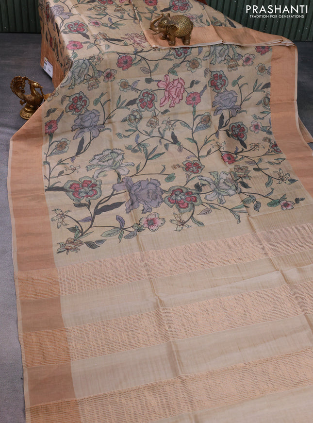 Pure tussar silk saree beige with allover floral digital prints and zari woven border