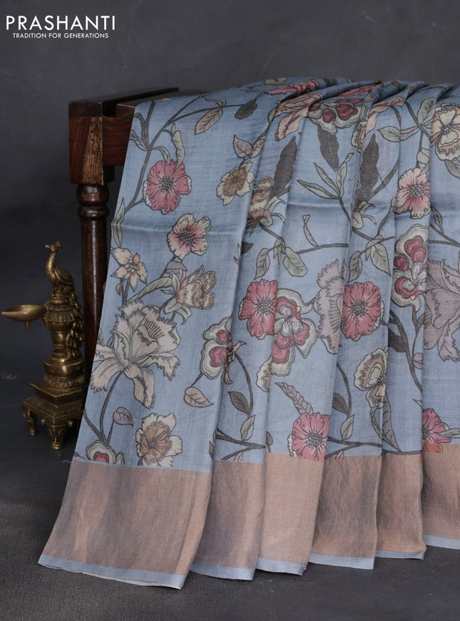 Pure tussar silk saree grey with allover floral digital prints and zari woven border