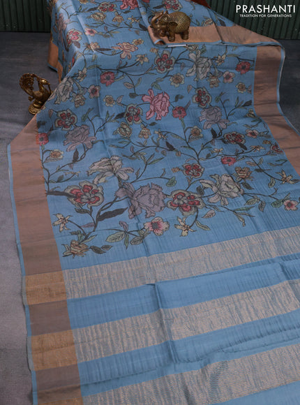 Pure tussar silk saree grey with allover floral digital prints and zari woven border