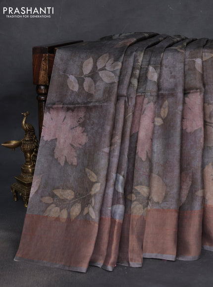 Pure tussar silk saree dark grey with allover floral digital prints and zari woven border