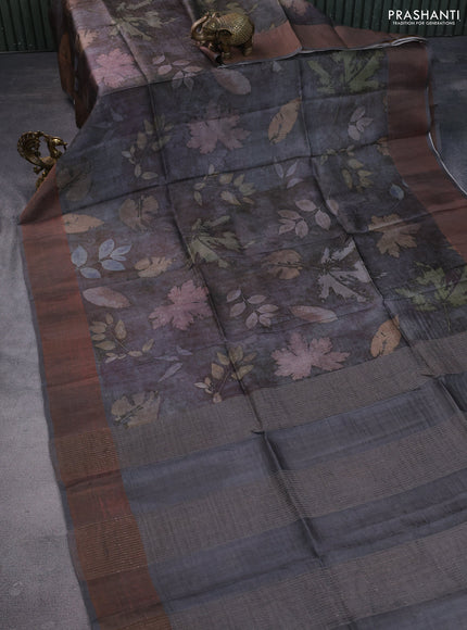 Pure tussar silk saree dark grey with allover floral digital prints and zari woven border