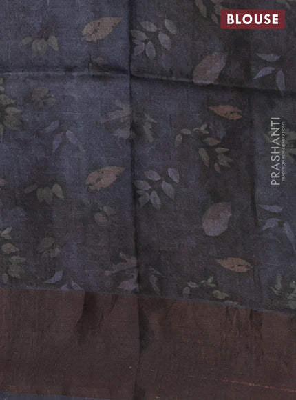 Pure tussar silk saree dark grey with allover floral digital prints and zari woven border