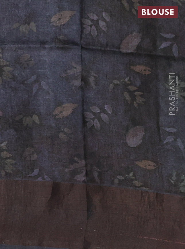 Pure tussar silk saree dark grey with allover floral digital prints and zari woven border