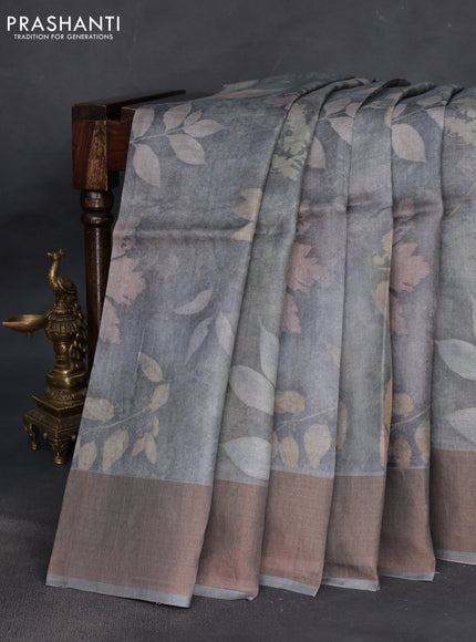 Pure tussar silk saree grey with allover floral digital prints and zari woven border