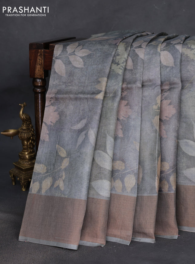 Pure tussar silk saree grey with allover floral digital prints and zari woven border