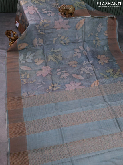 Pure tussar silk saree grey with allover floral digital prints and zari woven border