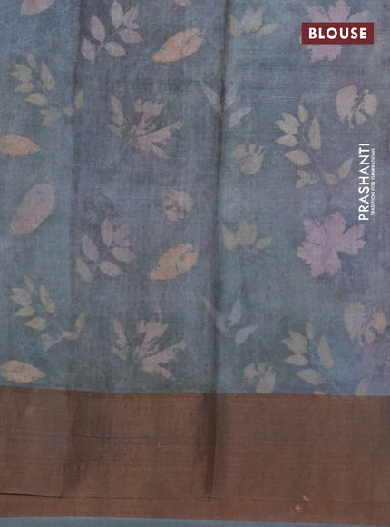 Pure tussar silk saree grey with allover floral digital prints and zari woven border