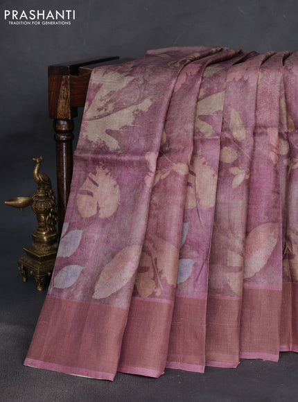Pure tussar silk saree pastel maroon shade with allover floral digital prints and zari woven border