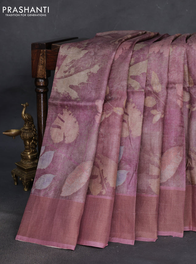 Pure tussar silk saree pastel maroon shade with allover floral digital prints and zari woven border