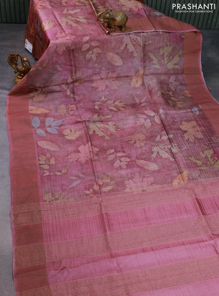Pure tussar silk saree pastel maroon shade with allover floral digital prints and zari woven border