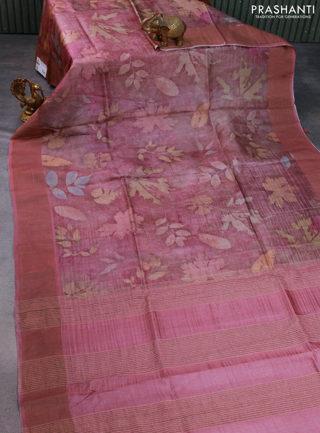 Pure tussar silk saree pastel maroon shade with allover floral digital prints and zari woven border