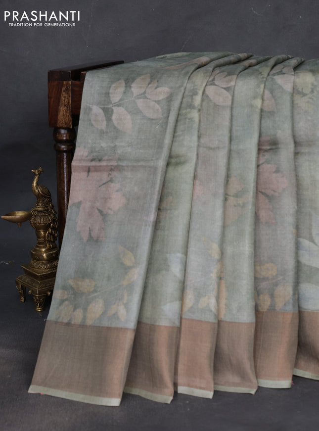 Pure tussar silk saree greyish green with allover floral digital prints and zari woven border