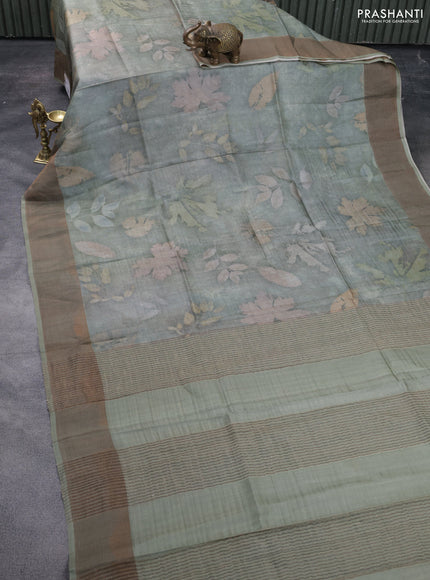 Pure tussar silk saree greyish green with allover floral digital prints and zari woven border