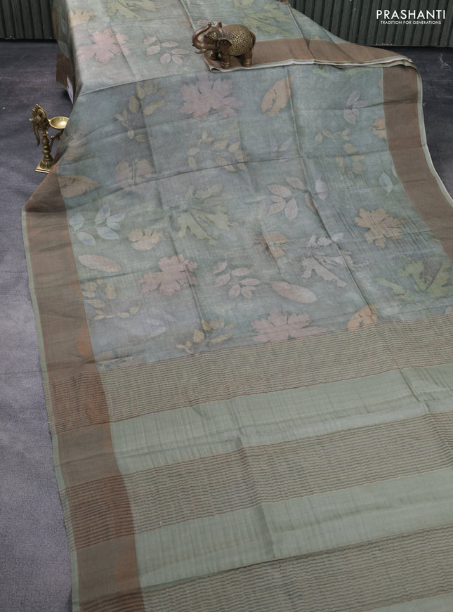 Pure tussar silk saree greyish green with allover floral digital prints and zari woven border